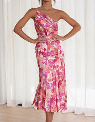 Floral Print Backless One Shoulder Strap Long A-Line Dresses