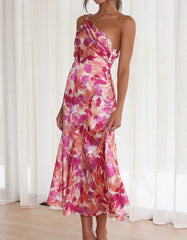 Floral Print Backless One Shoulder Strap Long A-Line Dresses