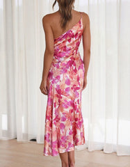 Floral Print Backless One Shoulder Strap Long A-Line Dresses