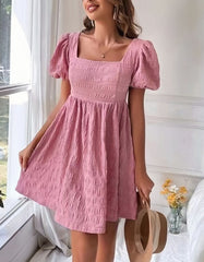 Square Neck Slim Fit Short Sleeve High Waist Short Pleated A-Line Dresses