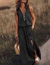 Solid-color Letter Print Sleeveless Long A-Line Dresses