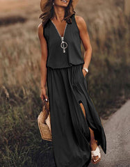 Solid-color Letter Print Sleeveless Long A-Line Dresses