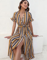 Stripe V Neck Belted Mid Waist Asymmetrical Long A Line Dresses