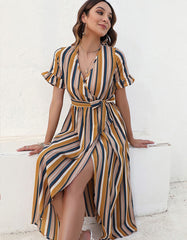 Stripe V Neck Belted Mid Waist Asymmetrical Long A Line Dresses