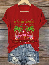 Deck The Palms Merry Flamingo Christmas Print T-Shirt