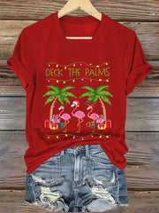 Deck The Palms Merry Flamingo Christmas Print T-Shirt