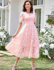 Solid-color Round Neck Pleated Bubble Sleeve Midi A-Line Dresses
