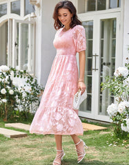 Solid-color Round Neck Pleated Bubble Sleeve Midi A-Line Dresses