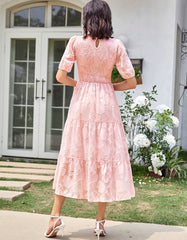 Solid-color Round Neck Pleated Bubble Sleeve Midi A-Line Dresses