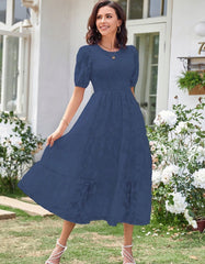 Solid-color Round Neck Pleated Bubble Sleeve Midi A-Line Dresses