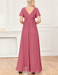 Solid-color V Neck Short Sleeve Wedding Party Bridesmaid Evening Dresses