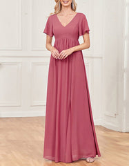 Solid-color V Neck Short Sleeve Wedding Party Bridesmaid Evening Dresses