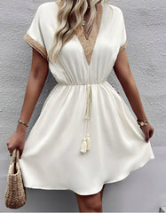 Solid-color V Neck Stitching Short Sleeve Midi A-Line Dresses