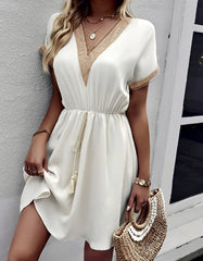 Solid-color V Neck Stitching Short Sleeve Midi A-Line Dresses