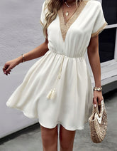 Solid-color V Neck Stitching Short Sleeve Midi A-Line Dresses