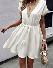 Solid-color V Neck Stitching Short Sleeve Midi A-Line Dresses