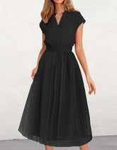 Solid-color Batwing Sleeve V-Neck Band Waist Mesh Midi A-Line Dresses