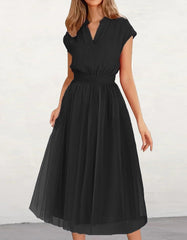 Solid-color Batwing Sleeve V-Neck Band Waist Mesh Midi A-Line Dresses