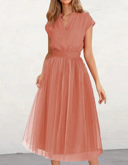 Solid-color Batwing Sleeve V-Neck Band Waist Mesh Midi A-Line Dresses