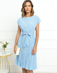 Disty Floral Print Round Neck Short Sleeve Midi A-Line Dresses