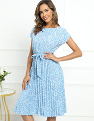 Disty Floral Print Round Neck Short Sleeve Midi A-Line Dresses