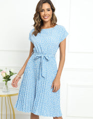 Disty Floral Print Round Neck Short Sleeve Midi A-Line Dresses