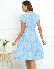 Disty Floral Print Round Neck Short Sleeve Midi A-Line Dresses