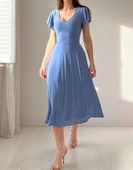 Solid-color U Neck Flutter Sleeve Midi A-Line Dresses