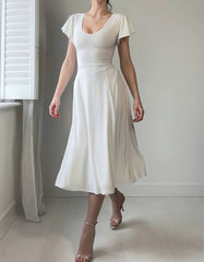 Solid-color U Neck Flutter Sleeve Midi A-Line Dresses