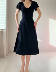 Solid-color U Neck Flutter Sleeve Midi A-Line Dresses