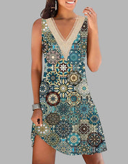 Botanical Floral Printed V-Neck High Waist Lace Loose Midi A-Line Dresses