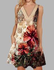 Botanical Floral Printed V-Neck High Waist Lace Loose Midi A-Line Dresses