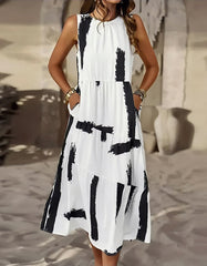 Printed Sleeveless Stitching Pocket Round Neck Midi A-Line Dresses