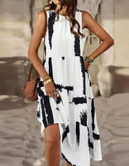 Printed Sleeveless Stitching Pocket Round Neck Midi A-Line Dresses