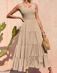 Solid-color Plain Round Neck Sleeveless Pleated Long A-Line Cami Dresses
