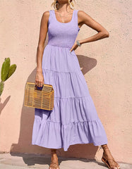 Solid-color Plain Round Neck Sleeveless Pleated Long A-Line Cami Dresses