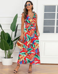 Tropical Plants Printed Strap Backless Sleeveless Long A Line Dresses