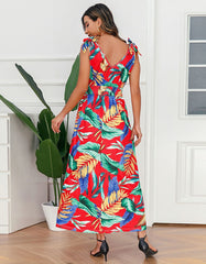 Tropical Plants Printed Strap Backless Sleeveless Long A Line Dresses