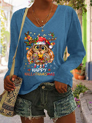Happy Hallothanksmas Print Long Sleeve V-Neck T-Shirt