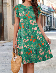 Floral Print Round Neck Short Sleeve Short A-Line Dresses