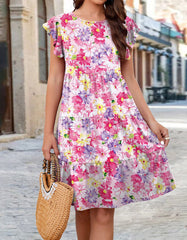Floral Print Round Neck Short Sleeve Short A-Line Dresses