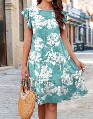 Floral Print Round Neck Short Sleeve Short A-Line Dresses