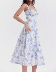 Solid-color Disty Floral Strap French Long A-Line Dresses