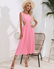 Plain Solid-color High Waist Round Neck Hollow Out Midi A-Line Dresses