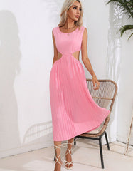 Plain Solid-color High Waist Round Neck Hollow Out Midi A-Line Dresses