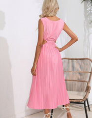 Plain Solid-color High Waist Round Neck Hollow Out Midi A-Line Dresses