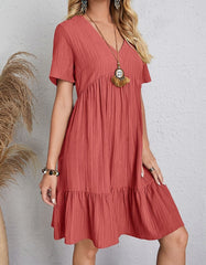 Solid-color V Neck Short Sleeve Loose Waist Midi A-Line Dresses