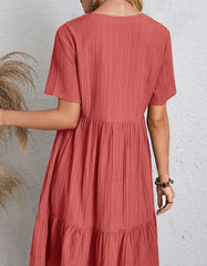 Solid-color V Neck Short Sleeve Loose Waist Midi A-Line Dresses