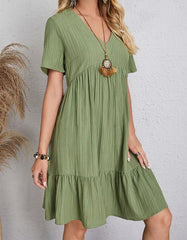 Solid-color V Neck Short Sleeve Loose Waist Midi A-Line Dresses