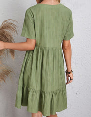 Solid-color V Neck Short Sleeve Loose Waist Midi A-Line Dresses